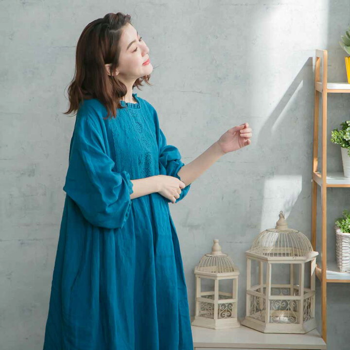 楽天市場 完売御礼 リネンワンピース 北欧風 スカラップレース アンティーク調 全 3 色 ブルー 青色 長袖 リネン100 麻100 ヘンプ100 天然素材 大人ワンピース 花柄 春服 春物 春用 春夏 夏服 夏物 夏用 Mycloset