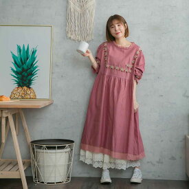 ワンピース 昭和レトロ レトロ調 ポップ 【全 3 色 【 ピンク 桃色 】 長袖 コットン40% 綿 リネン60% 麻 ヘンプ 天然素材 大人ワンピース 花柄 春服 春物 春用 春夏 夏服 夏物 夏用