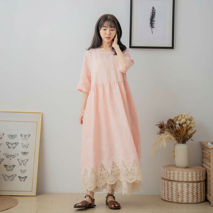 楽天市場 再入荷 １枚でサマ ナチュラル ローゴージャス ワンピース ピンク 桃色 全３色 半袖 裾 見せ 刺繍 レース リネン100 麻100 天然素材 スカラップレース 春服 春物 春用 春夏 夏服 夏物 夏用 Mycloset