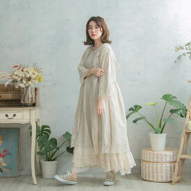 uvカット 紫外線対策 ロング コート パーカー ワンピース 刺繍 レース フード 裾 袖 襟 見せ 【全 1 色】 【 ベージュ ベイジ 肌色 】 七分袖 リネン100% 麻100% ヘンプ100% 天然素材 スカラップレース 春服 春物 春用 春夏 夏服 夏物 夏用