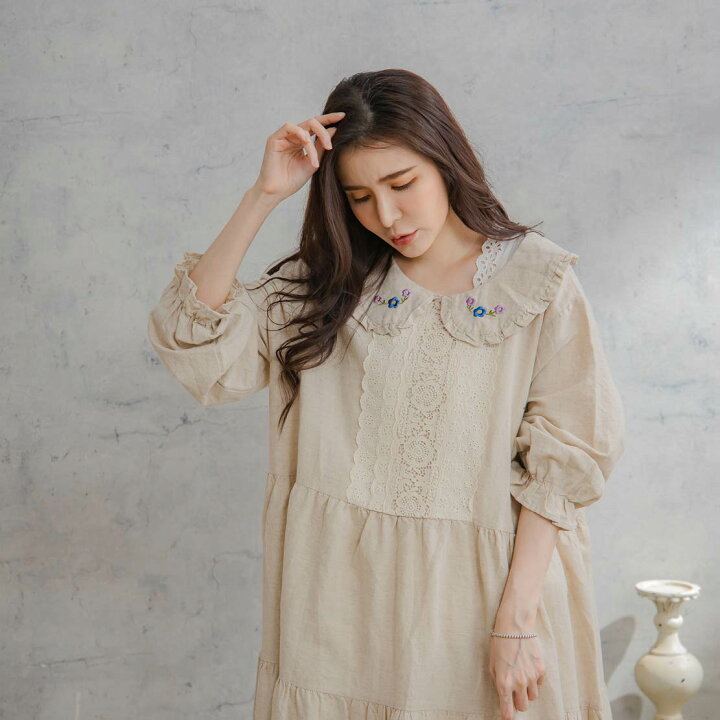 配色レース 長袖ワンピース ベージュ 楽天市場】長袖リネン綺麗レース  