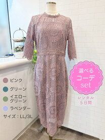 【レンタルドレス】レビュー書いて【往復送料無料】 選べるコーデセット ゲストドレス フォーマル パーティードレス ピンク/グリーン/イエローグリーン/ラベンダー レース 袖付き 大きいサイズ 結婚式 2次会 お呼ばれ 13号/LL 15号/3L