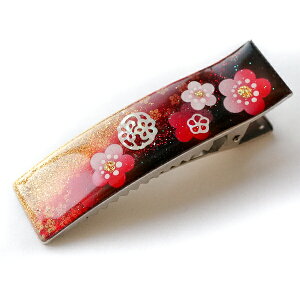 マコズアトリエ ハンドメイド 手描きヘアクリップ 紅梅 螺鈿 金箔 レディース スクエア 大サイズ hc46