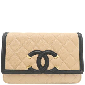 シャネル CHANEL チェーンウォレット CCフィリグリー キャビアスキン ベージュ×ブラック ゴールド金具 チェーンショルダー AP0250 30****** 【保存袋】【中古】