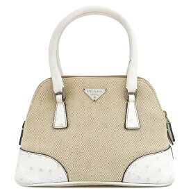 ＼最大4万円割引クーポン数量限定／ プラダ PRADA 2WAYバッグ キャンバス オーストリッチ キャンバス オーストリッチ ベージュ×ホワイト シルバー金具 三角ロゴプレート ミニ ショルダー 白 【中古】