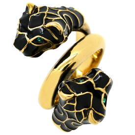 グッチ GUCCI リング 指輪 ダブルタイガーヘッド メタル エナメル 色石 ブラック×ゴールド エナメル ゴールド 虎 トラ とら ラップアラウンド 二重 2連 ミケーレ 9号 【箱】【中古】