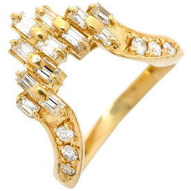 リング 指輪 ダイヤ リング イエローゴールド×シルバー Au750 18K 18金 YG V字デザイン バゲットカット 7号【中古】