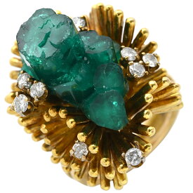 リング 指輪 合成エメラルド ダイヤモンド イエローゴールド グリーン 緑 ラフカット デザインリング 14K 金性検査済 15号【中古】