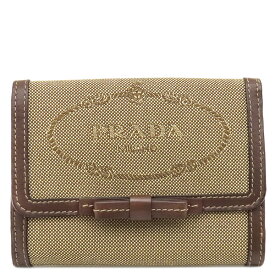 プラダ PRADA 三つ折り財布 ロゴ ジャガード キャンバス レザー ジャガード CORDA×BRUCIA ゴールド金具 カーキ リボン 1MH523 【箱】【中古】