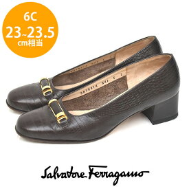 サルヴァトーレフェラガモ Salvatore Ferragamo ロゴ×ガンチーニ金具 型押し パンプス ブラウン×ゴールド金具 茶 6C(約23-23.5cm) sh23-0123【中古】【あす楽】【送料無料】【返品可】【ALL】