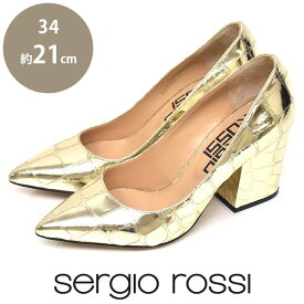 【美品】セルジオロッシ sergio rossi 型押し チャンキーヒール ポインテッドトゥ パンプス ゴールド 34(約21cm) sh23-0569【中古】【あす楽】【送料無料】【返品可】【ALL】