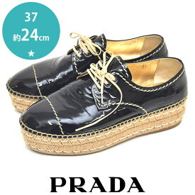 プラダ PRADA エナメル ステッチ ウェッジソール オックスフォードシューズ エスパドリーユ ネイビー 紺 青 37(約24cm) sh23-0764【中古】【あす楽】【送料無料】【返品可】【SS】