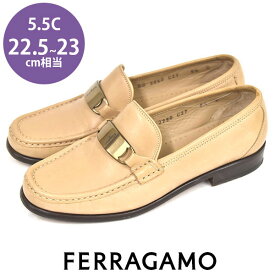 【美品】サルヴァトーレフェラガモ Salvatore Ferragamo SPORT ロゴプレート スクエアトゥ ローファー 革靴 ベージュ 5.5C(約22.5-23cm) sh24-0958【中古】【あす楽】【送料無料】【返品可】【ALL】