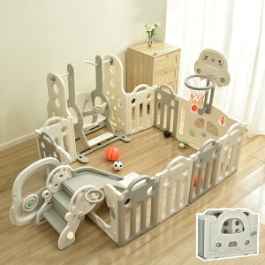 【本日0時~24H限定全品P5倍!】折りたたみベビーサークル 14枚セット 滑り台+ブランコ+ベビーサークル 耐荷重50kg 変形可能 扉付き バスケットゴール おもちゃパネル付き ベビーフェンス プレイ