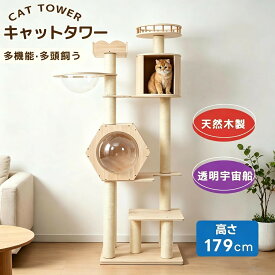 【マラソン限定クーポン利用中！】【2026年新作】キャットタワー 猫タワー 全高179cm 据え置き 木製 透明宇宙船 おしゃれ 大型 可愛い 隠れ家 展望台 猫ベッド 安全安心 ペット用品 多頭飼い ネコ 猫ハウス ペット用品 安定感抜群 猫用タワー