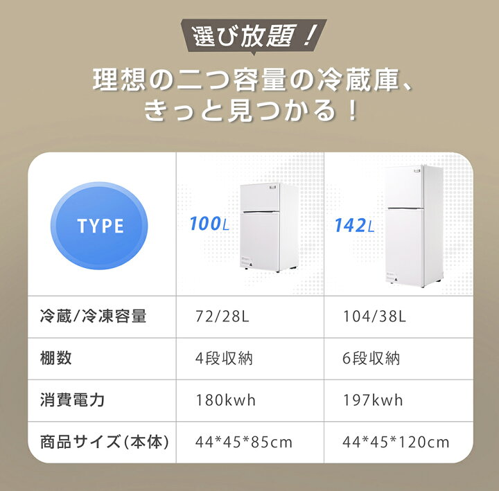楽天市場】冷蔵庫 ひとり暮らし 冷凍庫付き 一人用 2ドア 142L/100L 