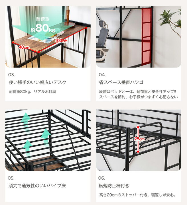 楽天市場】ロフトベッド パイプベッド シングル ベッド デスク付 