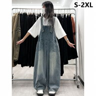 レディース オーバーオール サロペット ウォッシュ加工 デニムサロペット ワイドパンツ ポケット付き ゆ…