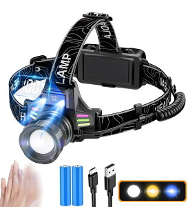 LED �w�b�h���C�g �����P�x 1500000 ���[���� ���邢 USB�[�d�� ���� �w�b�h�����v 4���[�h �f�W�^���d�ʕ\�� �Z���T�[ �w�b�h�����v �w�����b�g���C�g ��e�ʃo�b�e�� Type-C �d�r�� �ւ��ǂ炢��