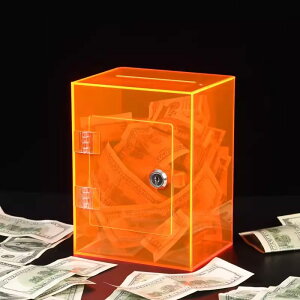 ロック付きアクリル貯金箱、大容量アクリル貯金箱、投票箱、チップボックス、ロック付き落下防止貯金箱、取り外し可能、大人と子供に適した貯金箱 | 再利用可能、20x15x12cm (オレンジ)