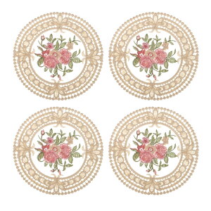 T ファブリックコースター ポリエステルかぎ針編みコースター ラウンドレース刺繍カップクッション 花柄付き ウェディングパーティーの装飾用 キャメル 120 mm 4個