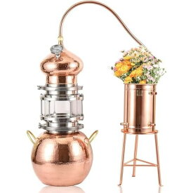 10L 銅密造酒蒸留器、自家製醸造キット、冷却チューブと温度計付き、手打ち銅アレンビック蒸留器 冷却パイプ、ウイスキー、密造酒、エッセンシャルオイル、ハイドロソルなど
