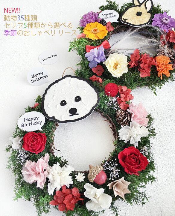 楽天市場 送料無料 季節のおしゃべりフラワーリース プリザーブドフラワー 花 海 開店祝い 誕生日 ペット メモリアルグッズ 春夏秋冬 フラワーアレンジメント ギフト プレゼント 犬 ねこ うさぎ 35種から選べる動物 インテリア 玄関 バレンタイン ホワイトデー
