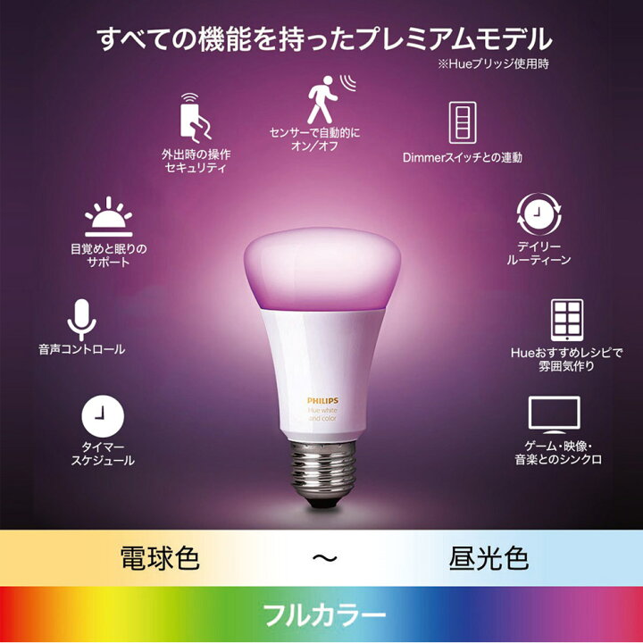 LED電球 フルカラーシングルランプ E26 フィリップス Hue (PLH75) | カラー 800lm 調色 1600万色 シングルランプ 1個入 スマホ Bluetooth操作 PLH75CL ヒュー ランプ hue 照明 メーカー保証 2年 | 自分にピッタリ家電の「マイピタ」