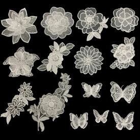 【CRSHIP】 アイロン ワッペン アップリケ モチーフ レース生地 刺繍花 服 パッチ DIY 手芸 裁縫 縫い付け 男の子 女の子 保育園 幼稚園 手袋 手帳 飾り 補修 (ホワイト花+胡蝶 15枚)