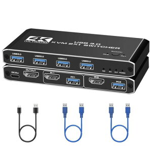 USB 3.0 KVM�X�C�b�` HDMI 2����1�o�� �p�\�R��2�䃂�j�^�[1��؂�ւ� 5Gbps USB �ؑ֊� 1��̃v�����^�[��2��̃p�\�R���Ŏg�p 4K@60Hz 4 US B-A3.0�|�[�g �L�[�{�[�h/�}�E�X/�v�����^�[/���̃f�o�C�X�c