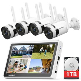 VORGUT 防犯カメラ モニター付き 4K ワイヤレス防犯カメラ 4台セット 2.4G&5GhzWiFi対応 無線 屋外 遠隔操作対応 IP66防水等級 AI動体検知 最大10台接続可 (監視カメラ4台+10インチモニター+1TBHDD内蔵)