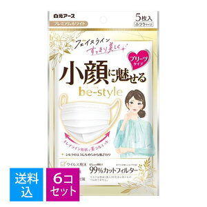 【送料込・まとめ買い×6個セット】白元アース ビースタイル プリーツタイプ マスク ふつう サイズ プレミアム ホワイト 5枚入