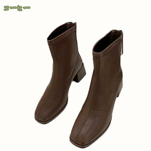 チャンキーヒール バックジップ ショートブーツ レディース スクエアトゥ 太ヒール 黒 白 アンクルブーツ ブーティ 5CMヒール ミドル丈ブーツ 疲れない ブーツ 幅広 歩きやすい ブーティー