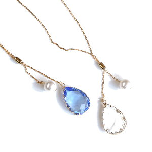 ロングネックレス ラリエット レディース ロング パール グラス アクセサリー 80cm ブルー クリア y字 送料無料