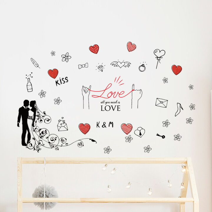 楽天市場 ウォールステッカー おしゃれ 北欧 子供部屋 大きい 54cm 98cm ウエディング 結婚式 結婚記念日 結婚 記念日 パーティ 英字 フラワー 花 ハート シンプル イラスト 手書き風 モノトーン 大人可愛い サプライズ カップル 飾り 装飾 インテリア インスタ映え 記念