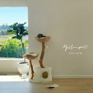 【雲にのる】樹洞付き天然ラタンキャットタワー 北欧風 無垢材 爪とぎ 猫じゃらし付き 安定感 おしゃれ 室内用 高級感 翌日発送可