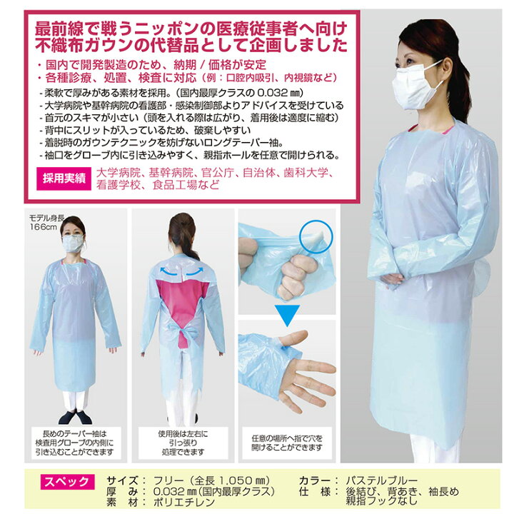 楽天市場】液体防護ガウン 箱販売 250枚入 全長1050mm 介護用 介助用 
