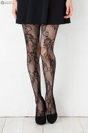 蔦花柄ラッセルタイツ ブラック M-L 網タイツ 柄ストッキング レディース net tights stockings ladies t…