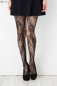 蔦花柄ラッセルタイツ ブラック M-L 網タイツ 柄ストッキング レディース net tights stockings ladies tj-te643a