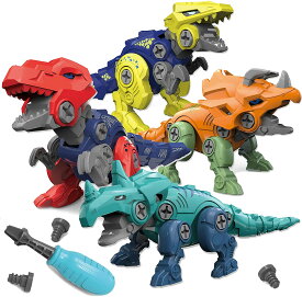 恐竜おもちゃ 4PCS 組み立ておもちゃ DIY 立体 恐竜パズル ネジ ねじ回し 手先訓練 大工さん 工具おもちゃ ティラノサウルス トリケラトプス 男の子 クリスマス プレゼント