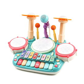 おもちゃ 5in1楽器玩具 音楽おもちゃ ドラムおもちゃ 4種類ピアノ キーボード 木琴 マイク付き 多機能 音楽 ライト 太鼓 鍵盤楽器 早期開発 知育玩具 誕生日 クリスマスプレゼント