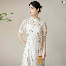 アオザイ チャイナドレス レディース 夏 日常 中国 エレガント ジッパー ハイウエスト ロングスカート グレー