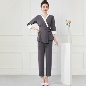 エステ ユニフォーム 七分袖 春秋 制服 サロン ホテル 技術者 作業服 レディース グレー 茶色 無地 ウエストマーク リボン 速乾 ストレッチ パンツ 上下セット 大きいサイズ おしゃれ