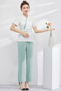 エステ ユニフォーム 半袖 春夏 制服 サロン 技術者 作業服 レディース 白 青 無地 ウエストマーク 速乾 ストレッチ パンツ 上下セット 大きいサイズ おしゃれ