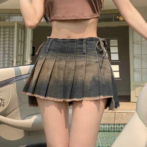 マイクロミニ プリーツスカート レディース デニム リボン フリンジ Aライン スリム アメリカン レトロ ギャル セクシー ストリート カジュアル