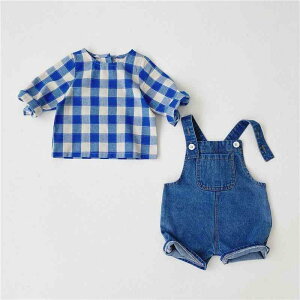 デニムオーバーオール シャツ トップス 2点セット 男の子 女の子 春夏 チェック柄 おしゃれ ファッション 赤ちゃん用品 キッズ 子供 韓国 コットン ブルー
