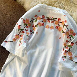 Tシャツ メンズ 大人 半袖 オシャレ 夏 チャイナ風 ラウンドネック トップス レディース ゆったり 綿 デイリー お出かけ カジュアル シンプル 刺繍 花 白 黒