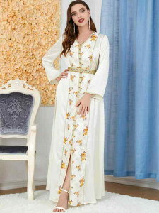 アジアン レディース ワンピース ロングスカート Aライン スリット 大人 上品 エレガント アラビア風 Vネック 長袖 紐 タッセル 大きいサイズ ゆったり プルオーバー 花柄 黒 白