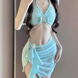 水着 レディース セパレート ビキニ 3点セット 体型カバー 胸パッド付き ノンワイヤー ハイウエスト リゾート 温泉 旅行 ビーチウェア 写真映え 個性的 ブルー スイムウェア