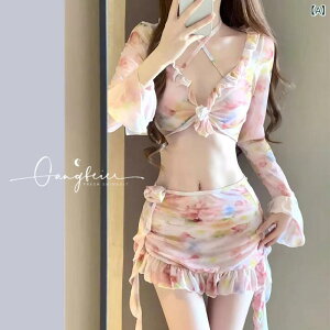 水着 レディース ビキニ 花柄 セクシー 4点セット セパレート ノンワイヤー パッド入り 盛れる 体型カバー 長袖 リゾート ビーチ 温泉(x2)